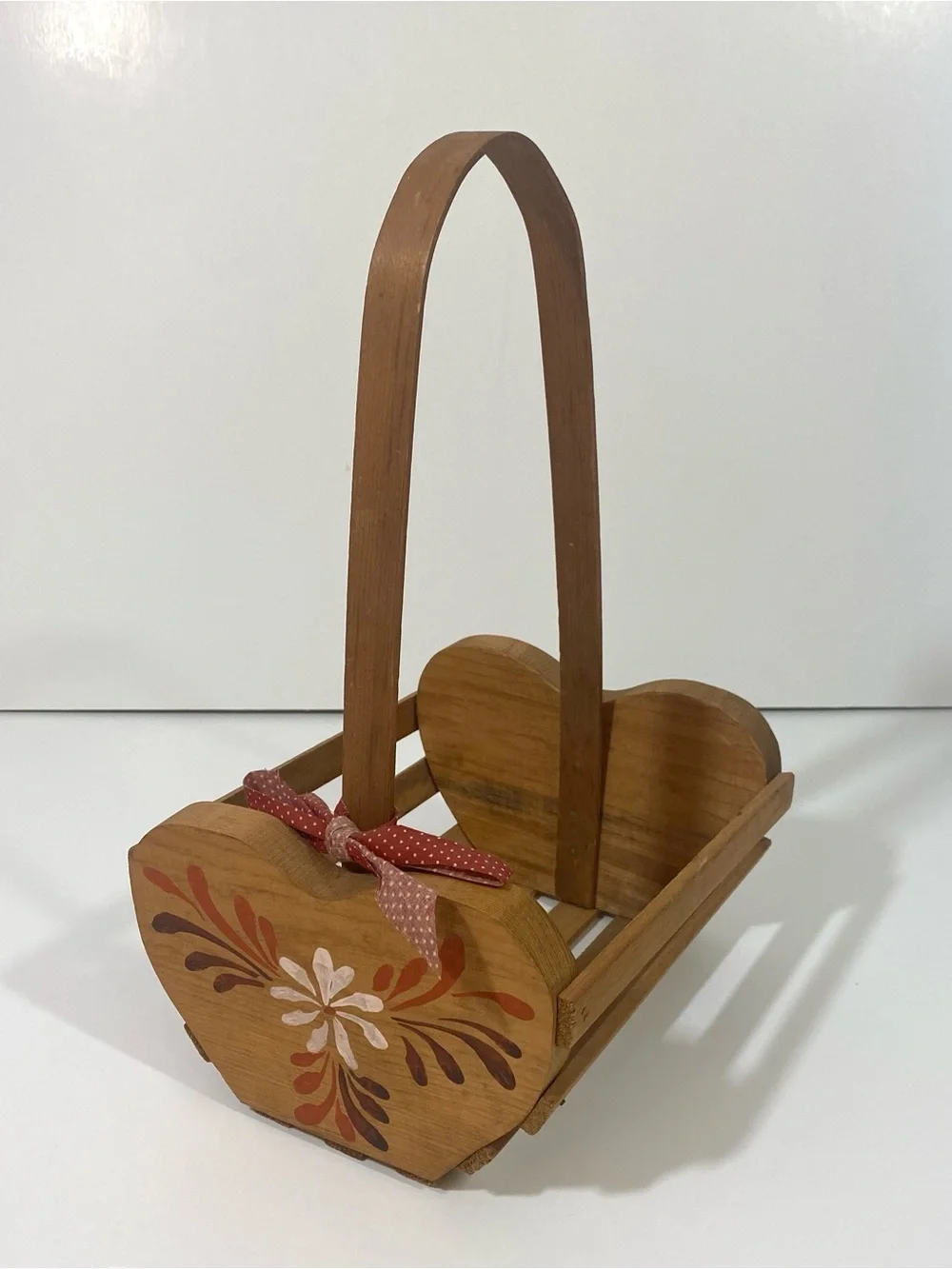 Vintage Brown Wood Handled Decorative Basket with Painted Floral Motif